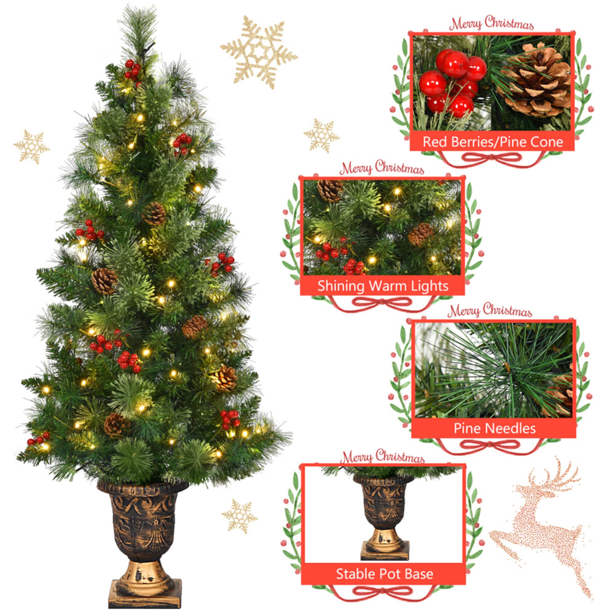 Costway 4ft. Pre-Lit Entrance Artificial Christmas Tree in Gold Urn, Warm White LED Lights